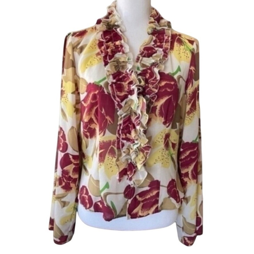 Caviar‎ Women's Floral Ruffle V Neck Long Sleeve Sheer Blouse Top Shirt
